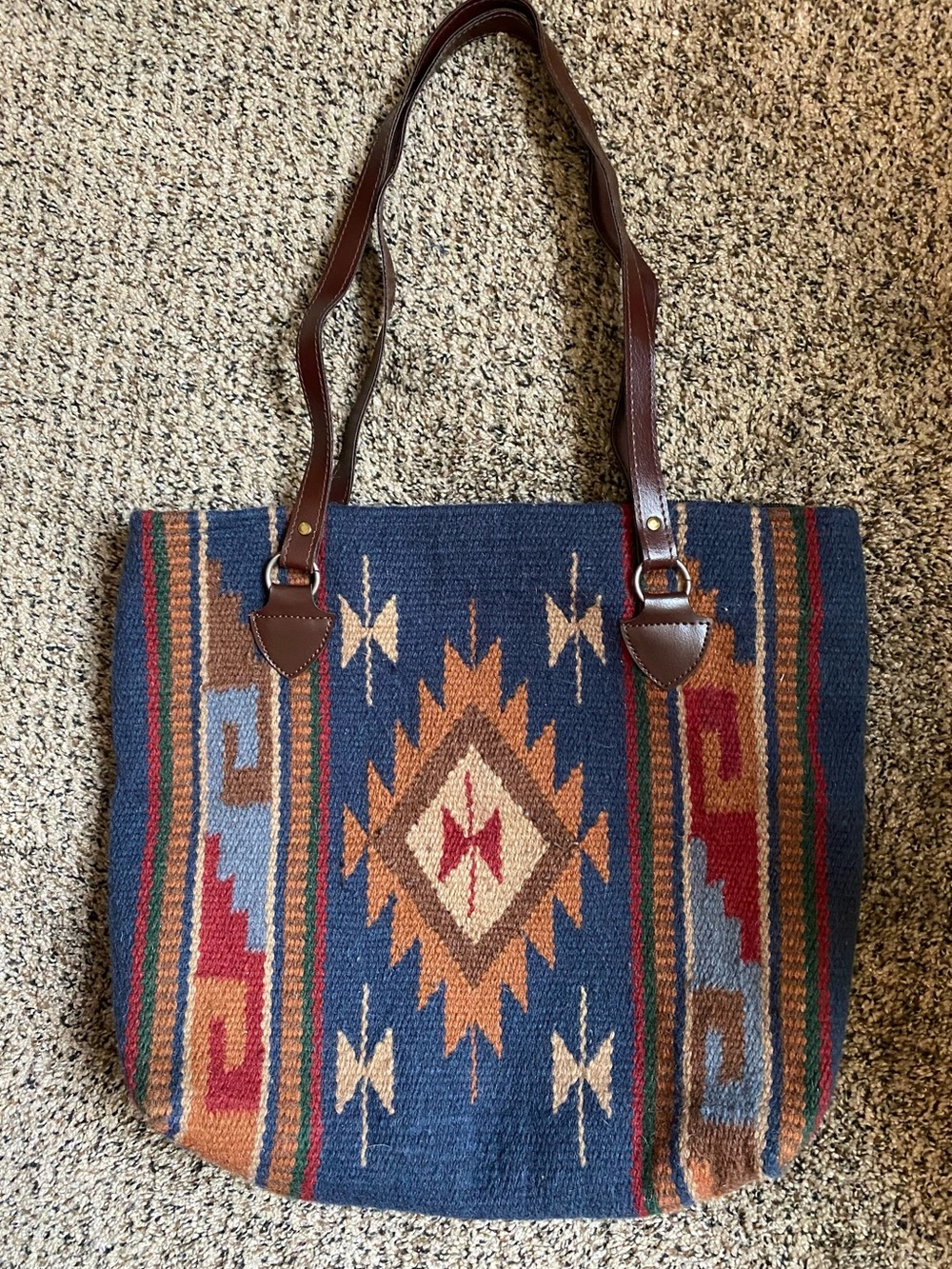 El Paso Saddle Blanket Co Southwestern Woven Tote with Brown Leather Straps